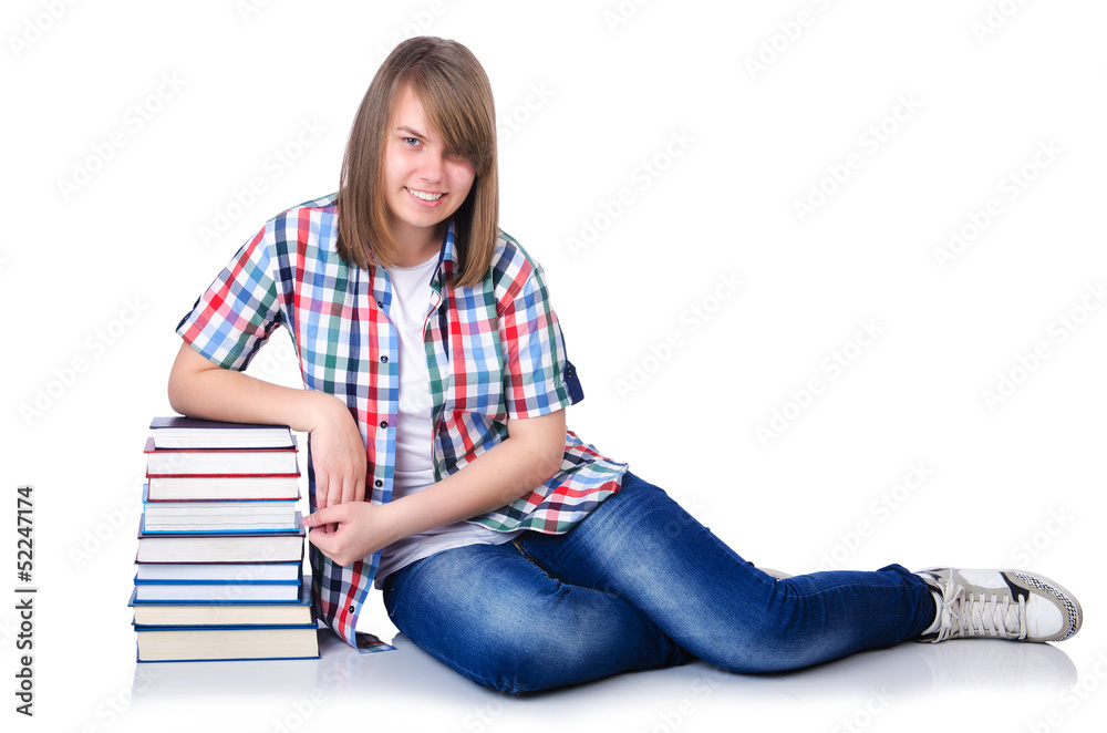 Girl student with books on white Girl student with books on white