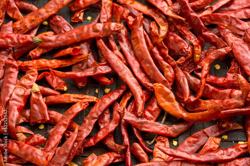 Sun-dried chili pepper in threshing basket