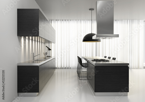 Fototapeta Naklejka Na Ścianę i Meble -  Contemporary minimal dark wood kitchen with black plastic chairs