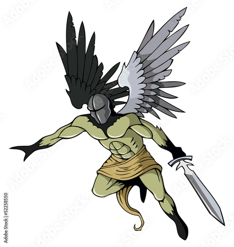Angel of death with sword, flying, vector illustration