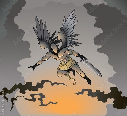 Angel of death with sword, flying, vector illustration