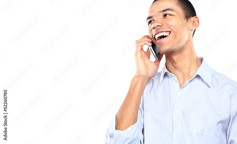 Businessman overjoyed with his phone call isolated on white Businessman overjoyed with his phone call isolated on white