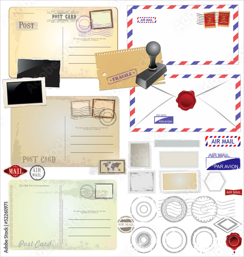 Vintage postcard designs and postage elements