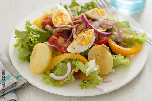 Salad nicoise. Tuna, eggs, potatoes, green beans, tomatoes