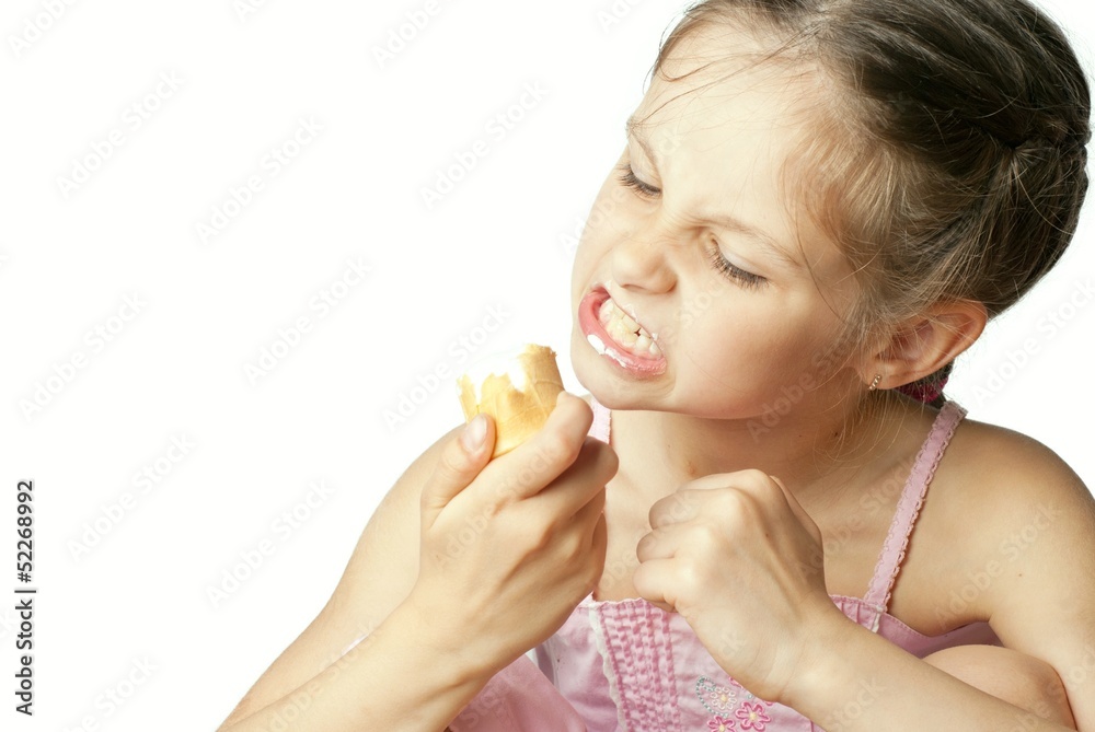 Girl eating ice cream and angry