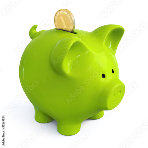 Green piggy bank with coin photo