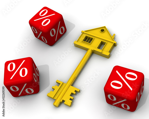 Ипотека. Ключ от дома и красные кубики с процентами