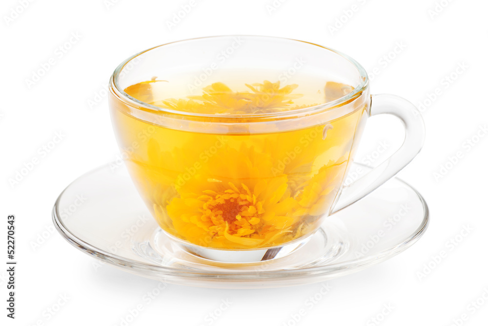 cup of healthy tea with yellow flower, isolated cup of healthy tea with yellow flower, isolated