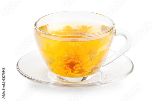 cup of healthy tea with yellow flower, isolated