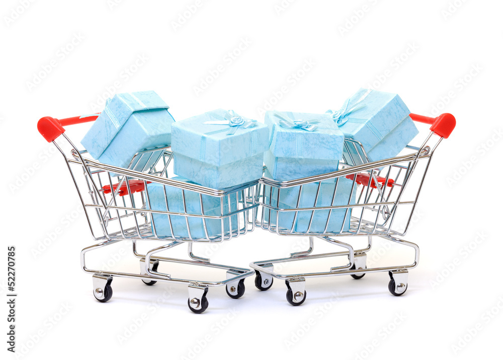 Cyan gift boxes in shopping carts Cyan gift boxes in shopping carts