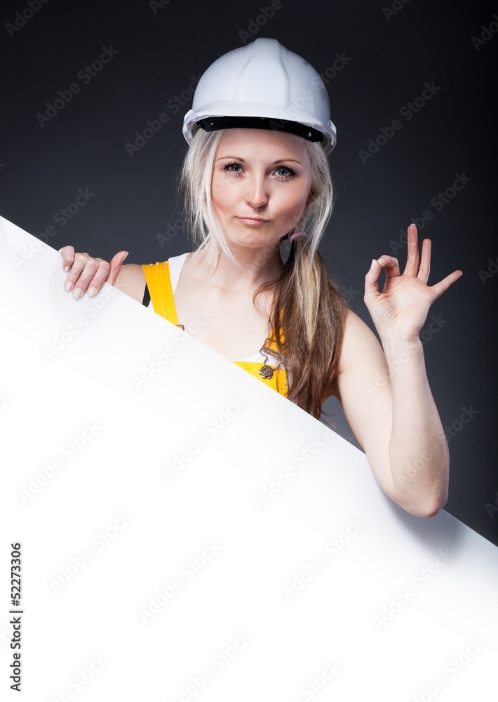 Young architect woman, empty banner Young architect woman, empty banner