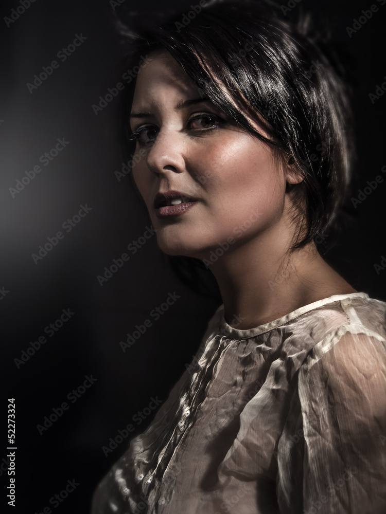 brunette with fine silk shirt and transparencies, Baroque