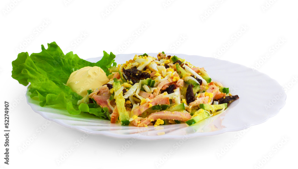 salad tasty sausage food plate isolated white background salad tasty sausage food plate isolated white background