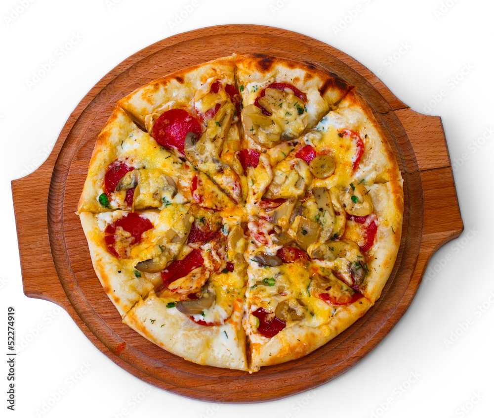 tasty cheese on wooden tray close up mushrooms pizza white backg