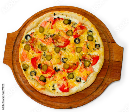 tasty large pizza cucumber on white background