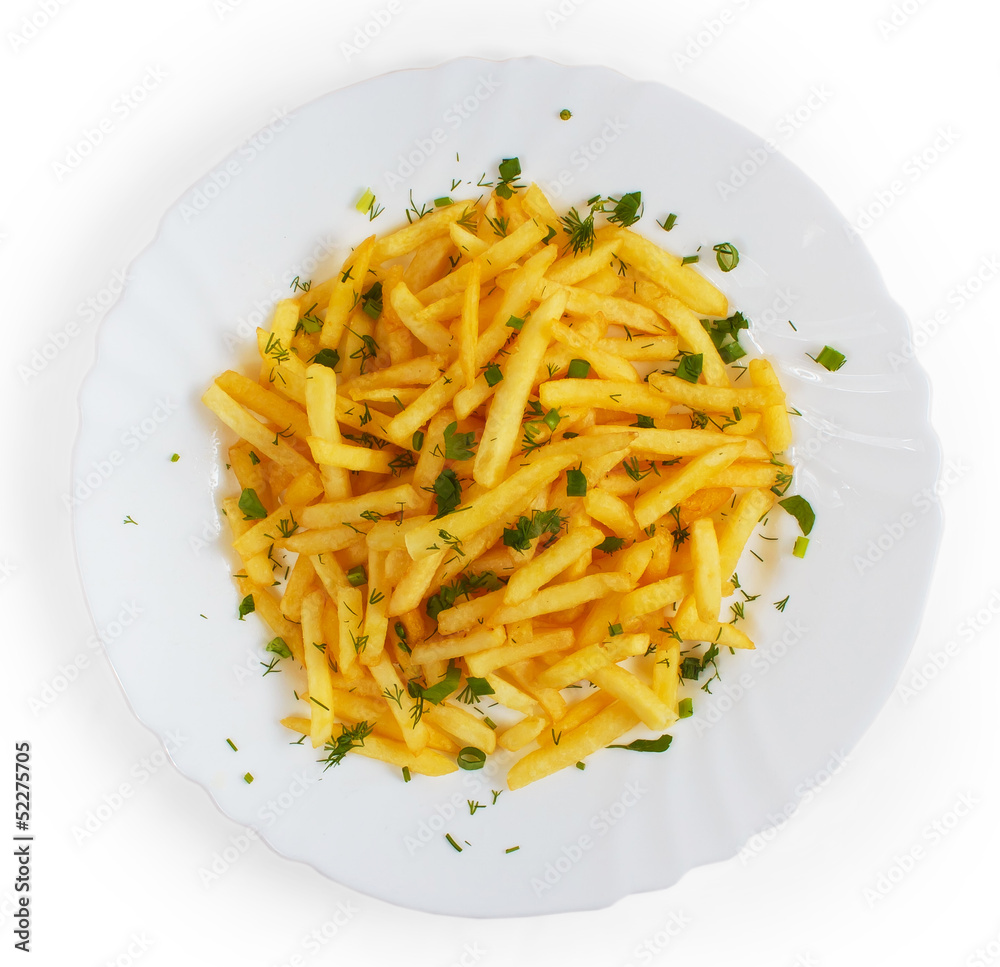 potatoes tasty fries plate dill isolated on white background potatoes tasty fries plate dill isolated on white background