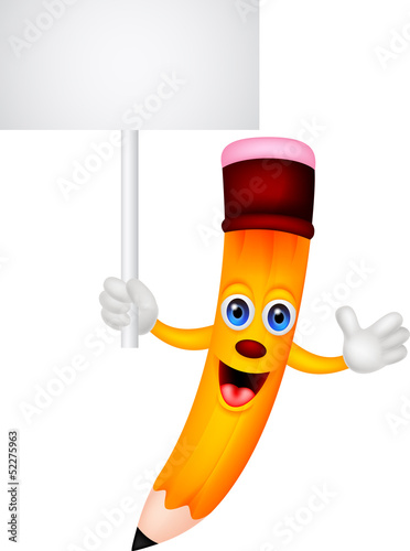 cute yellow pencil cartoon with blank sign