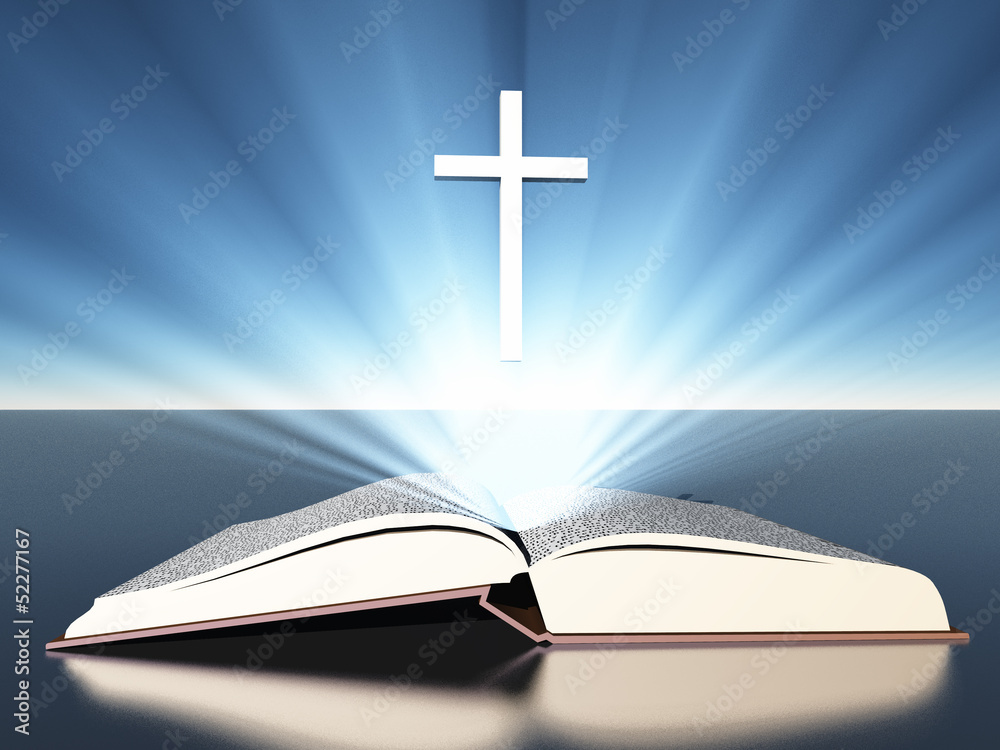 Light radiates from bible under cross Light radiates from bible under cross