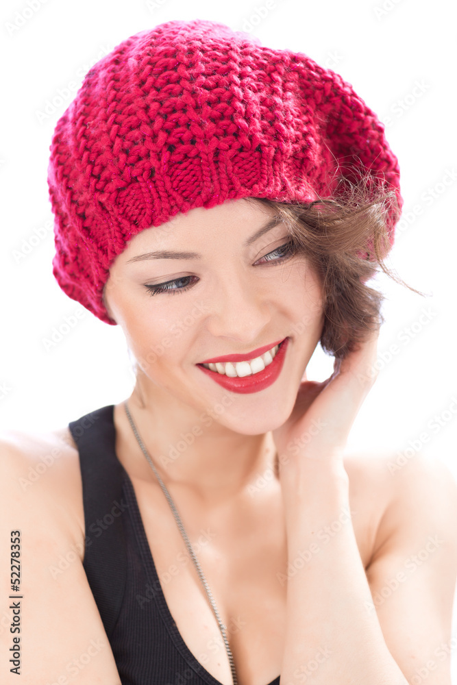 pretty smiling woman wearing pink hat pretty smiling woman wearing pink hat