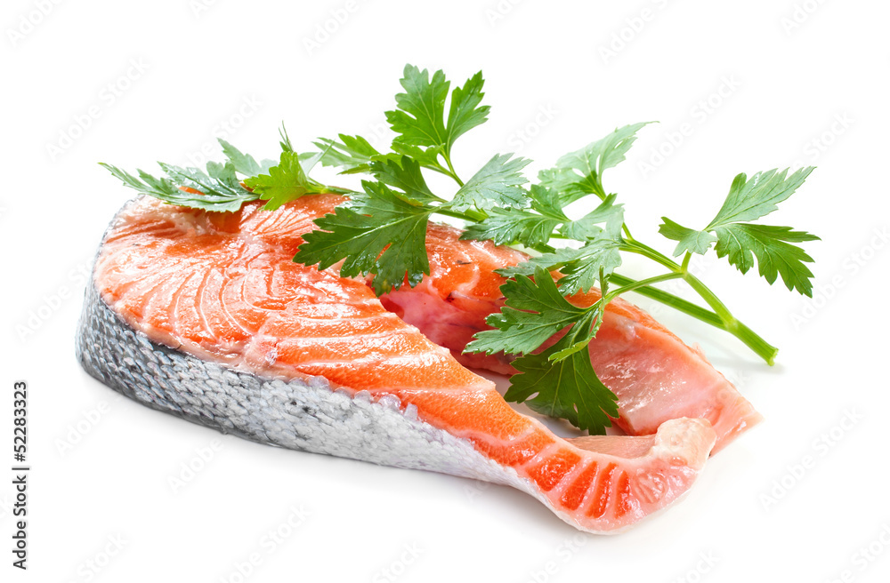 Slices of salmon, isolated on a white background. Slices of salmon, isolated on a white background.