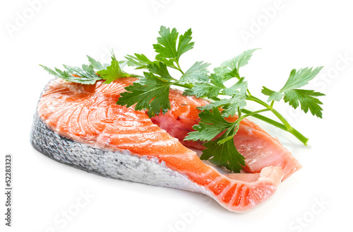 Slices of salmon, isolated on a white background.