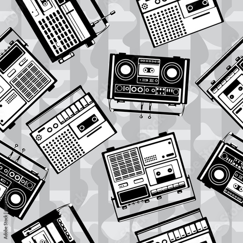 seamless vector cassette recorder on gray background