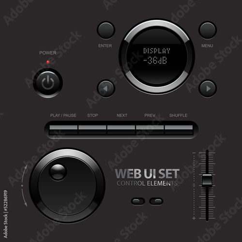 Dark Shiny Web UI Elements. Buttons, Switches