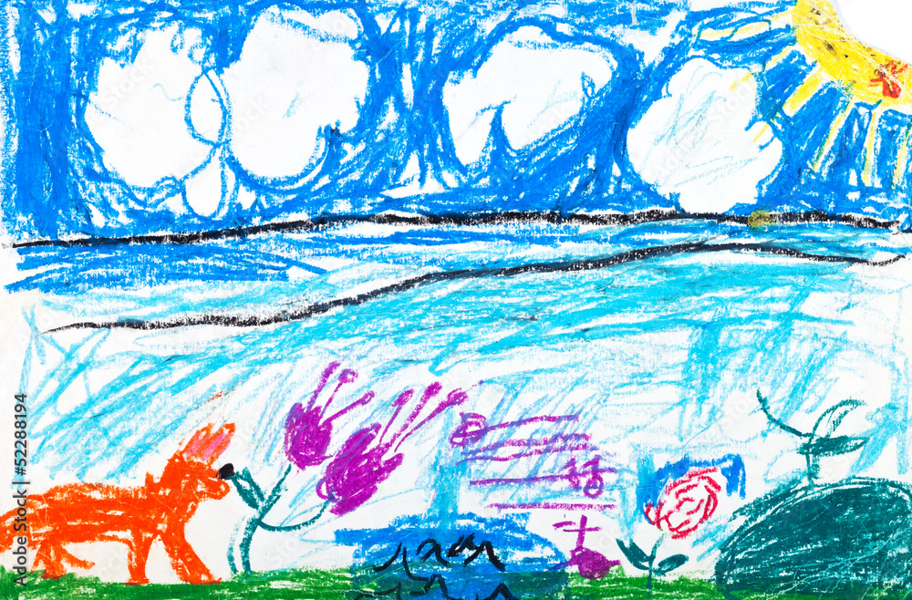 child's drawing - fox on summer lawn