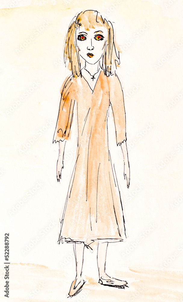 Fototapeta premium child's drawing - sad girl with red eyes