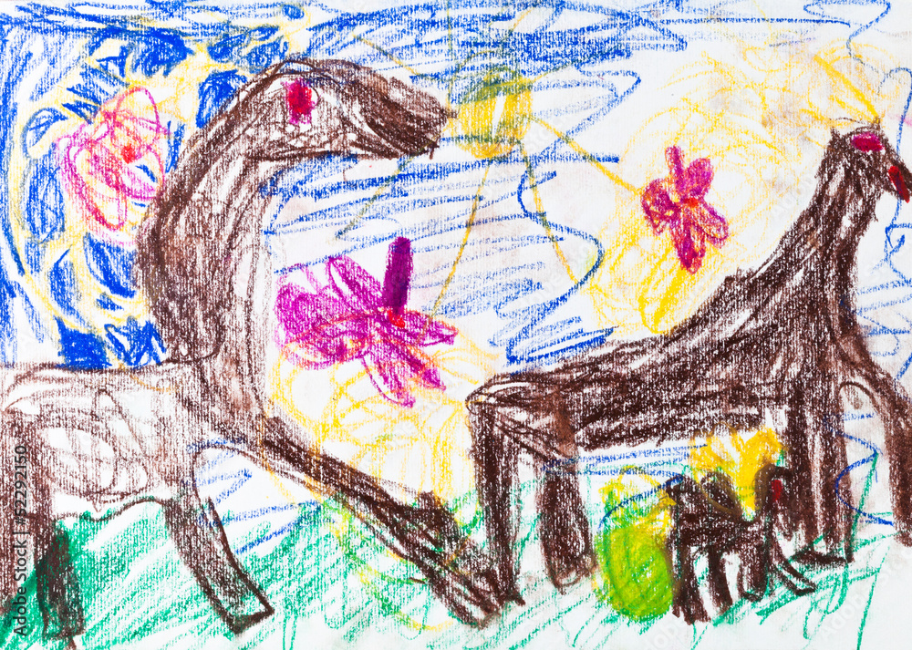 child's drawing - Horses graze in meadow