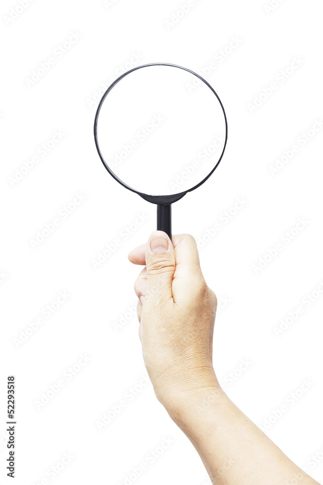 Hand holding magnifying glass isolated on white background Hand holding magnifying glass isolated on white background