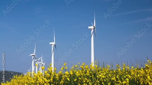 wind turbines row spinning over spring field