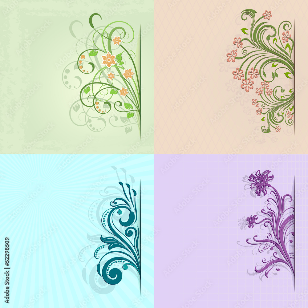4 flower vintage color vector cards with copy space.