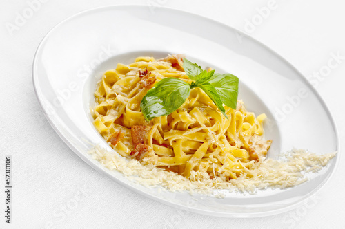Tasty food. Pasta with roasted meat.