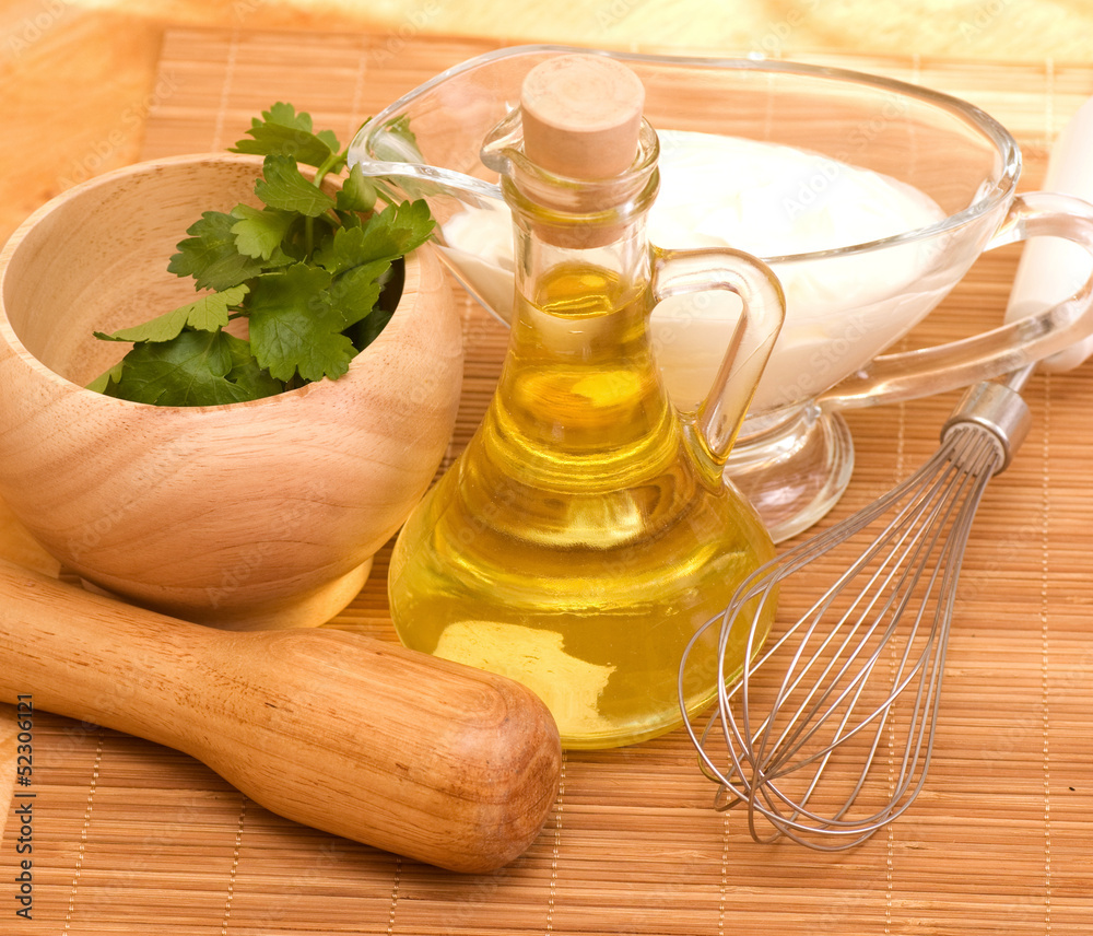 Oil, herbs and sauce Oil, herbs and sauce