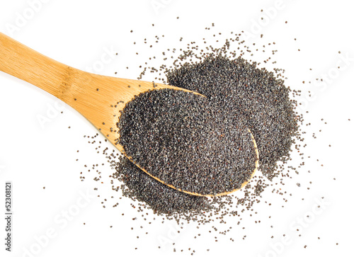 Heaped spoonful of poppy seeds on white background