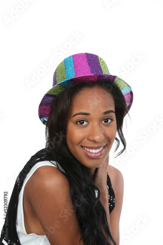 Friendly black woman in a party hat.