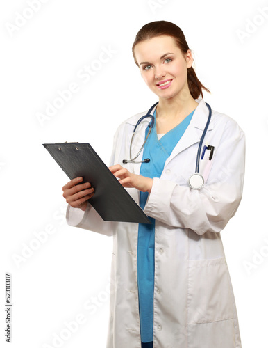 A smiling female doctor with a folder in uniform indoors