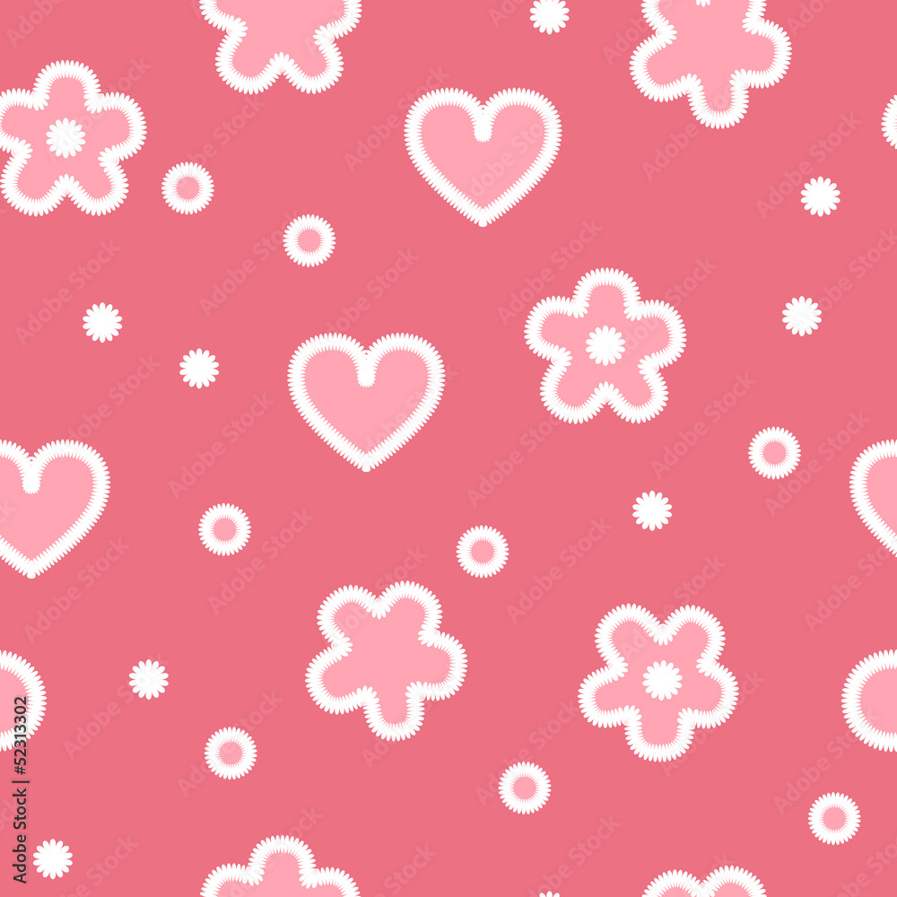 Pink hearts and flowers crochet seamless pattern, vector