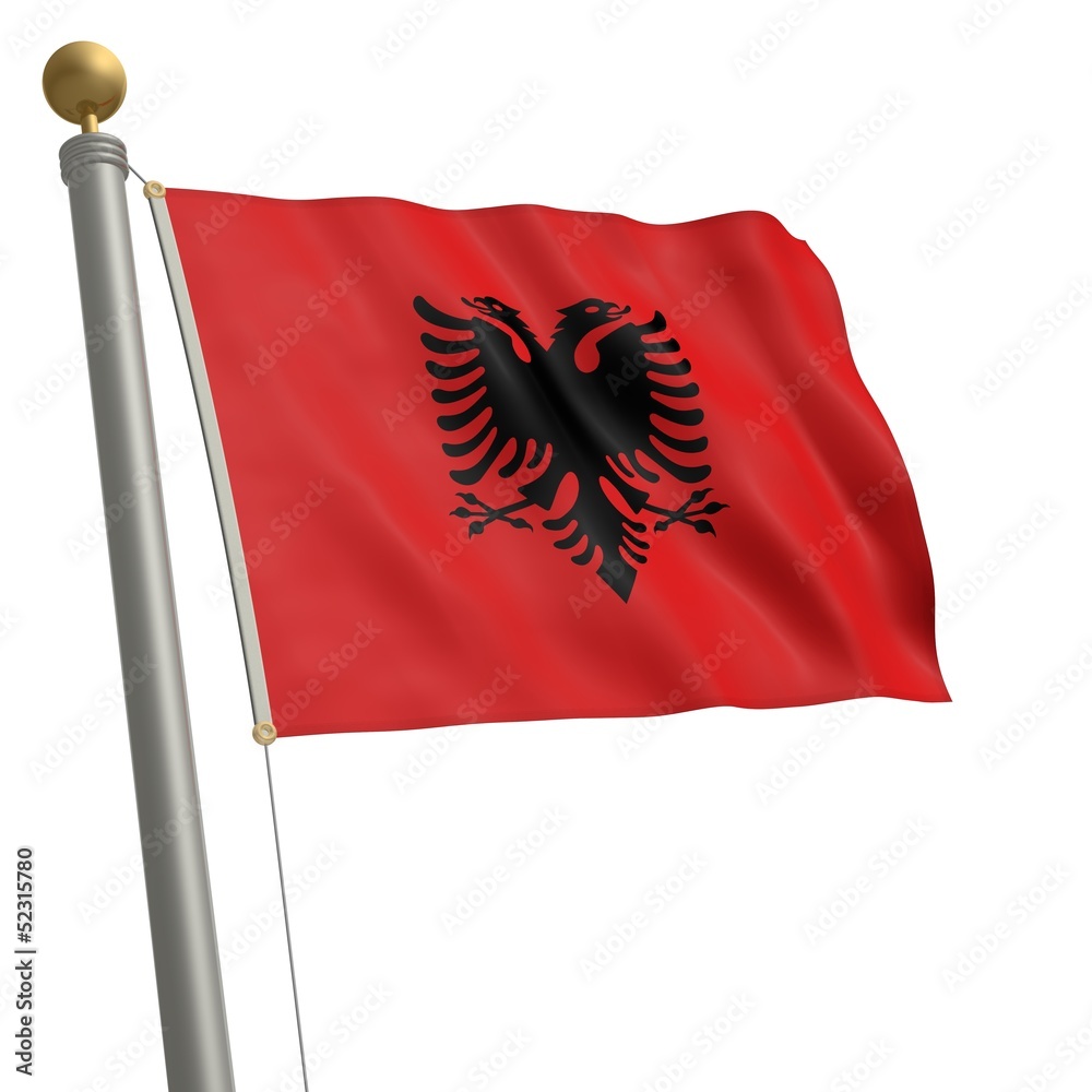 Die Flagge von Albanien flattert am Fahnenmast Die Flagge von Albanien flattert am Fahnenmast