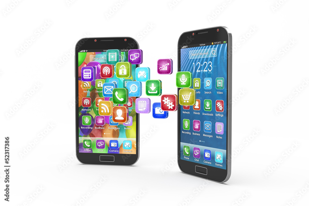 Smartphones with cloud of application icons isolated