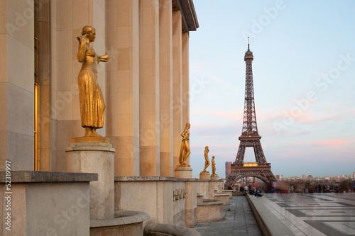 Paris, Sculptures on Trocadero with Eiffel Tower view, France photo