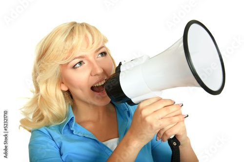 portrait of young girl shouting with megaphone