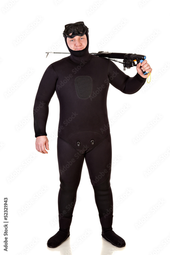 Underwater hunter man on a white background Underwater hunter man on a white background