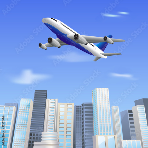 vector illustration of airplane flying over skyscrape building