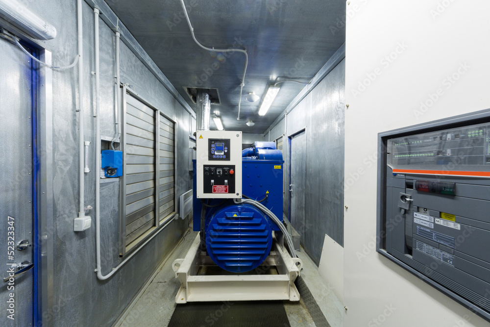 Diesel generator for backup power in room with control panel Diesel generator for backup power in room with control panel