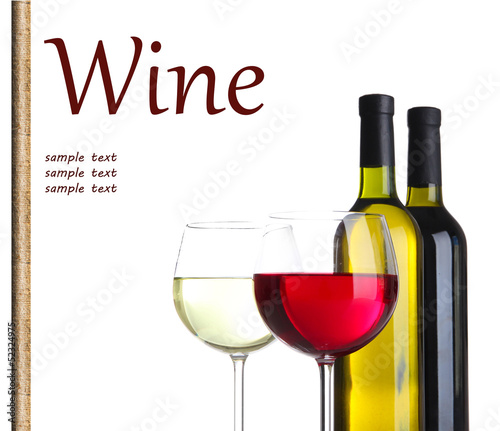 Glasses and bottles with red and white wine isolated on white