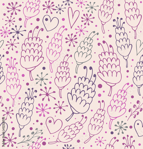 Romantic seamless pattern with flowers and hearts