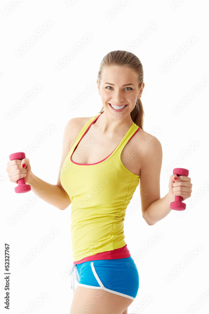 Young girl with dumbbells Young girl with dumbbells
