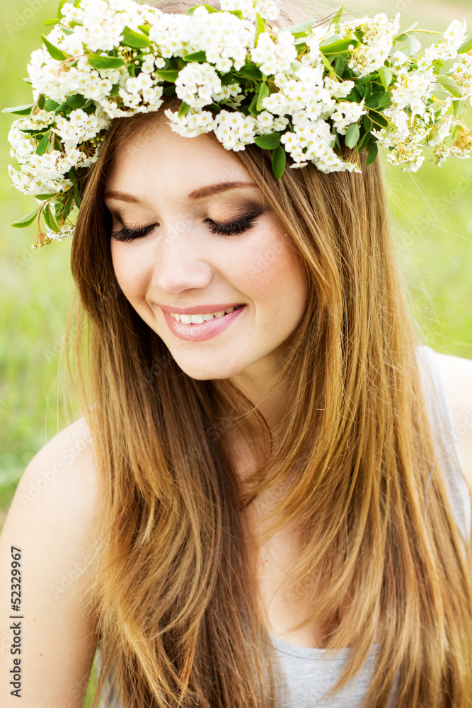 beautiful girl in wreath of flowers beautiful girl in wreath of flowers